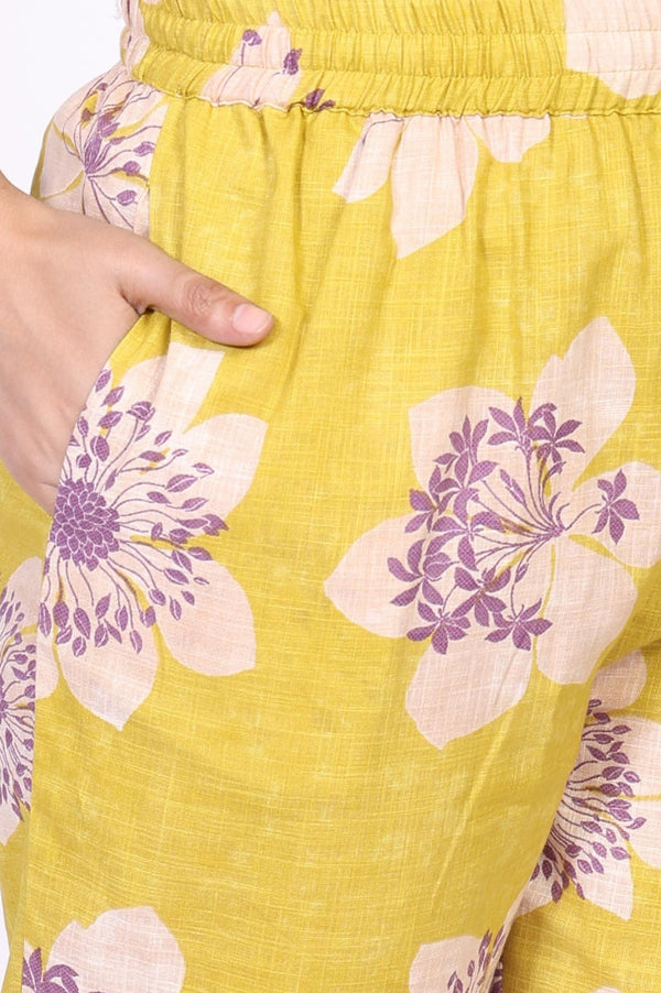 Yellow Floral Printed Straight Cotton Kurta with Straight Pant and Dupatta Set