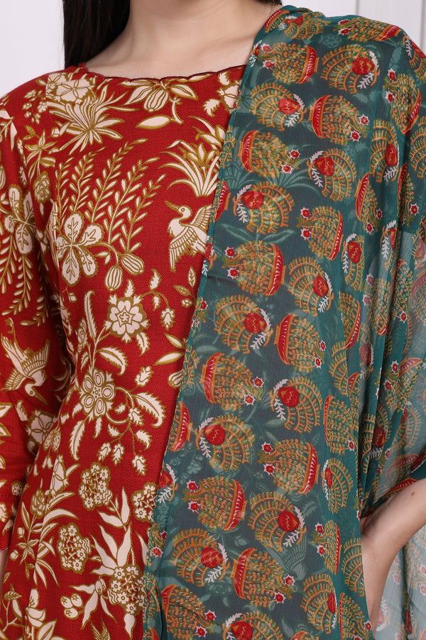 Red Floral Printed A-Line Kurta with Straight Pant and Dupatta Set
