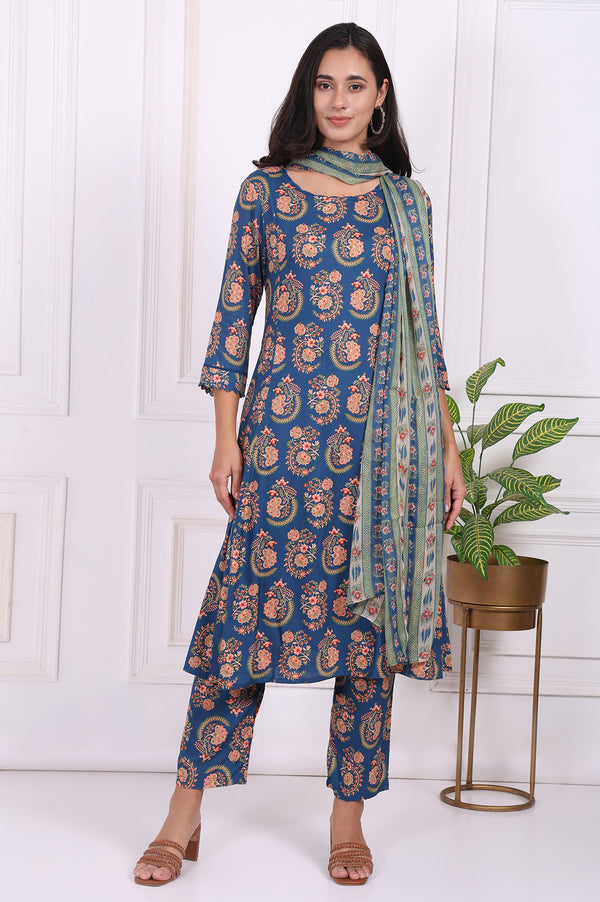 Blue Floral Printed Straight Kurta, Pants and Dupatta Set
