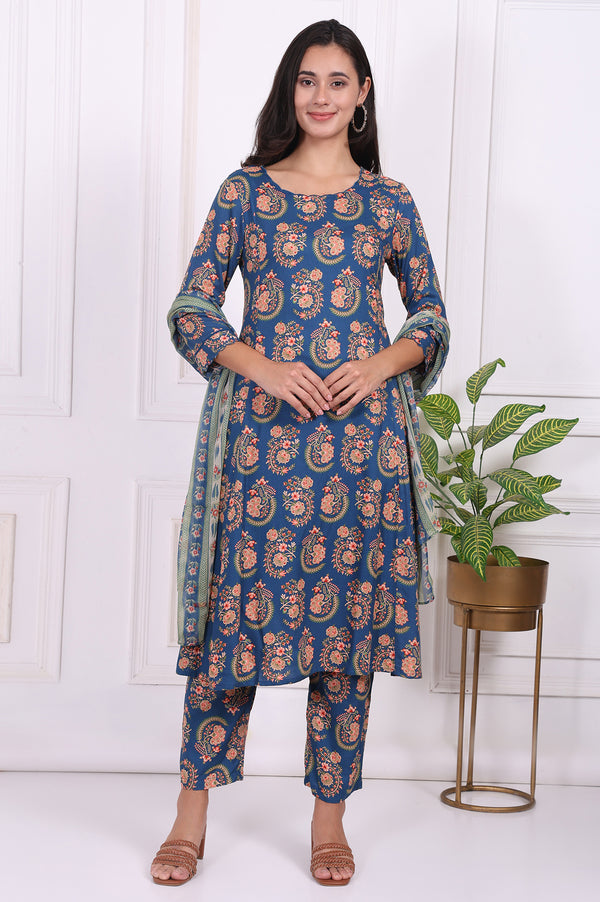 Blue Floral Printed Straight Kurta, Pants and Dupatta Set