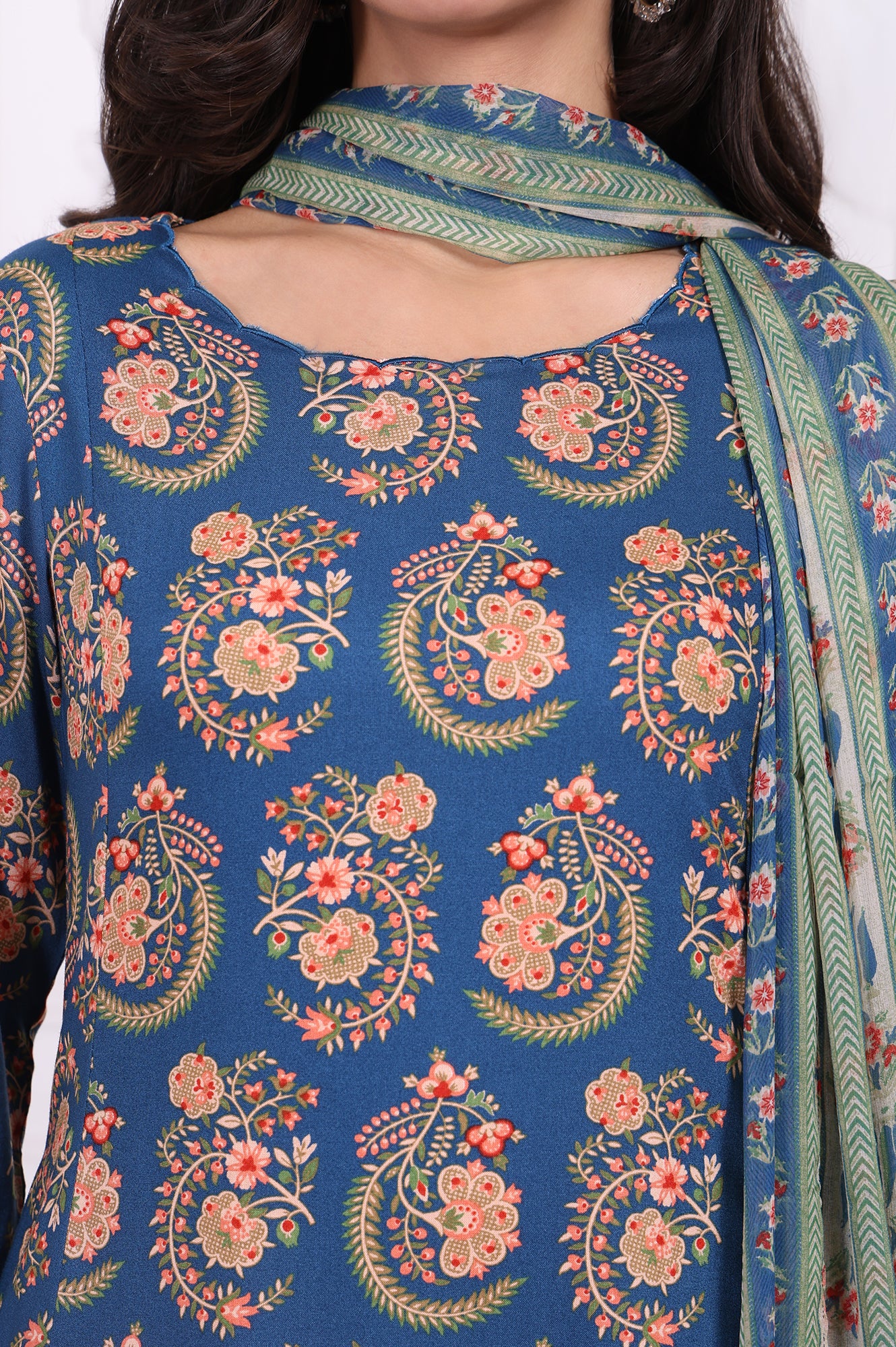Blue Floral Printed Straight Kurta, Pants and Dupatta Set