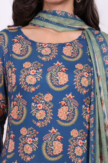 Blue Floral Printed Straight Kurta, Pants and Dupatta Set
