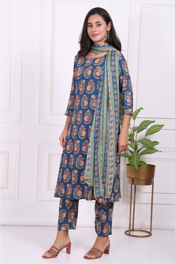 Blue Floral Printed Straight Kurta, Pants and Dupatta Set