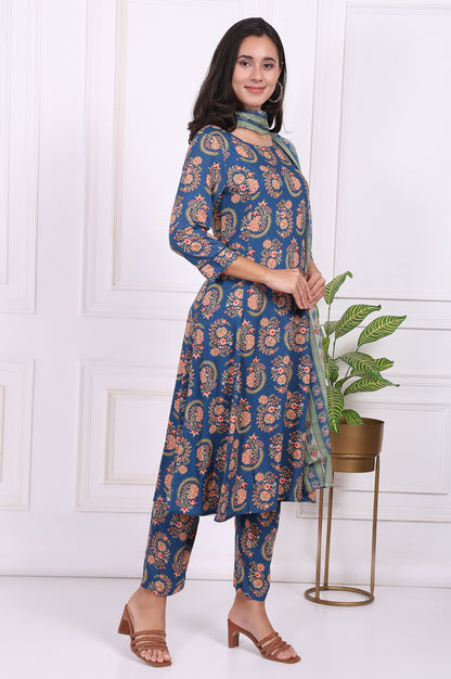 Blue Floral Printed Straight Kurta, Pants and Dupatta Set