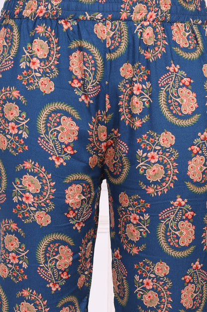 Blue Floral Printed Straight Kurta, Pants and Dupatta Set