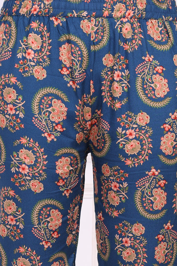 Blue Floral Printed Straight Kurta, Pants and Dupatta Set