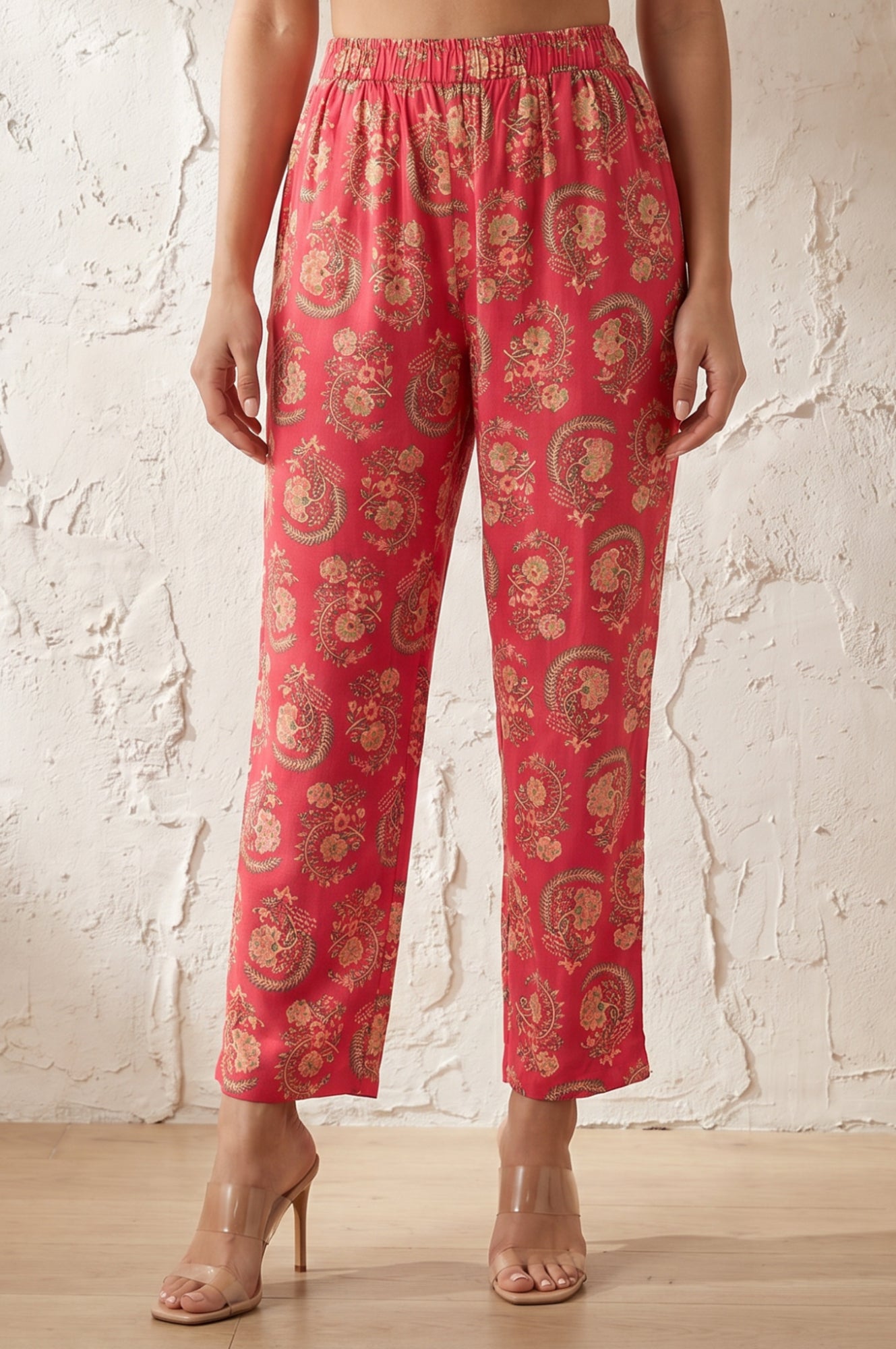 Pink Paisley Thread Embroidered Straight Fit Ankle Length Mid Rise Pants