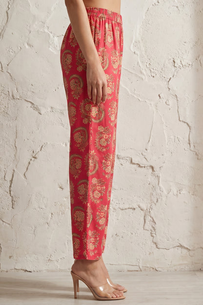 Pink Paisley Thread Embroidered Straight Fit Ankle Length Mid Rise Pants