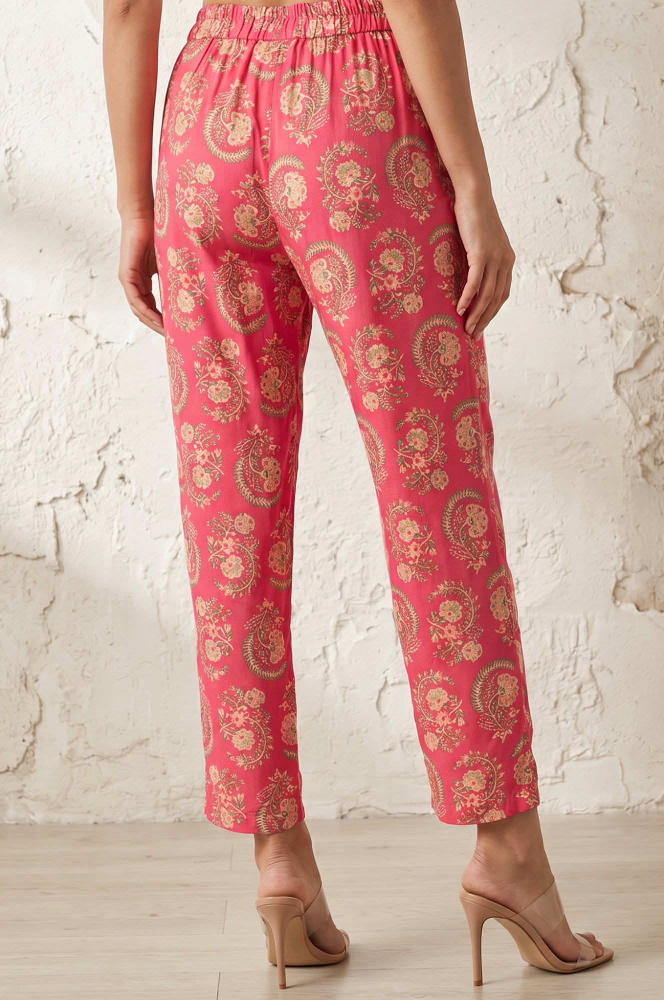 Pink Paisley Thread Embroidered Straight Fit Ankle Length Mid Rise Pants