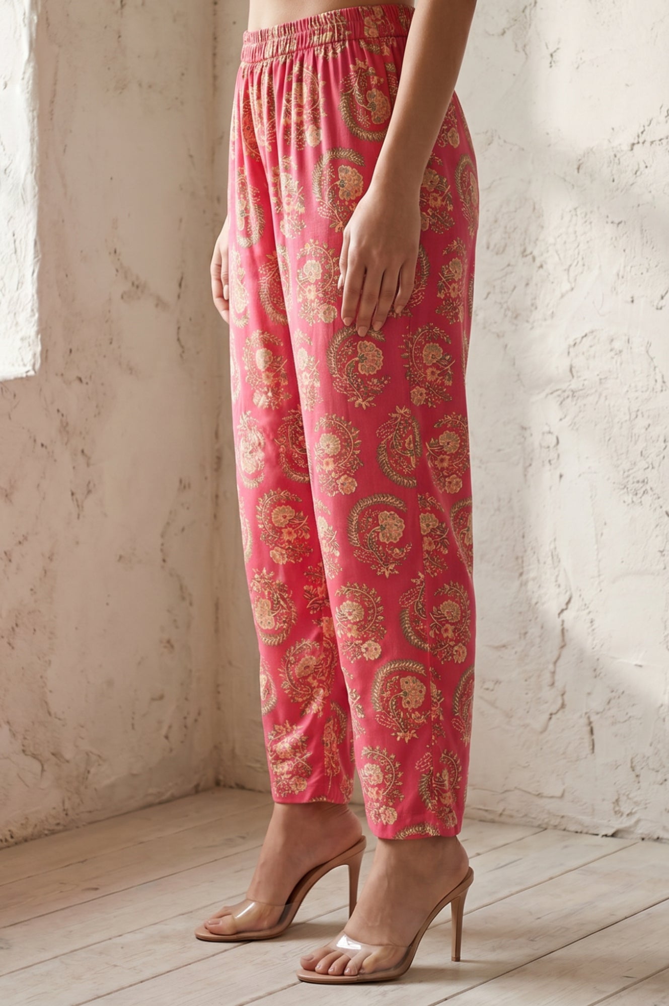 Pink Paisley Thread Embroidered Straight Fit Ankle Length Mid Rise Pants