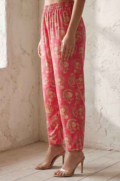 Pink Paisley Thread Embroidered Straight Fit Ankle Length Mid Rise Pants