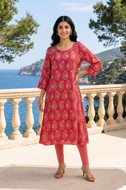 Pink Ethnic Motifs Rayon A-line Kurta