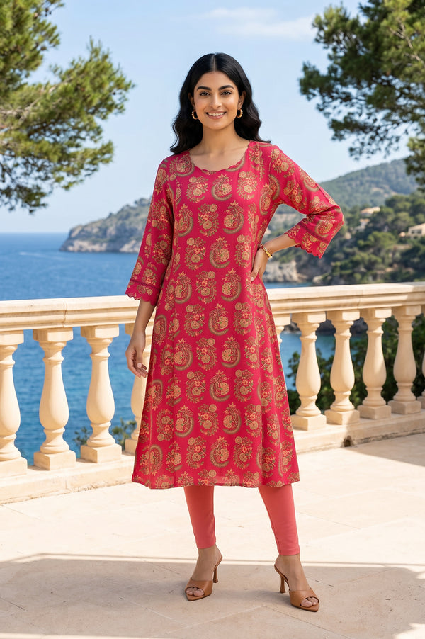 Pink Ethnic Motifs Rayon A-line Kurta