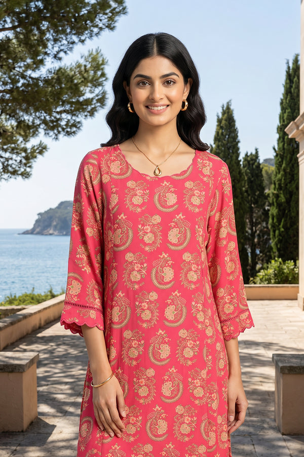 Pink Ethnic Motifs Rayon A-line Kurta