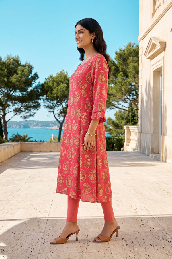 Pink Ethnic Motifs Rayon A-line Kurta