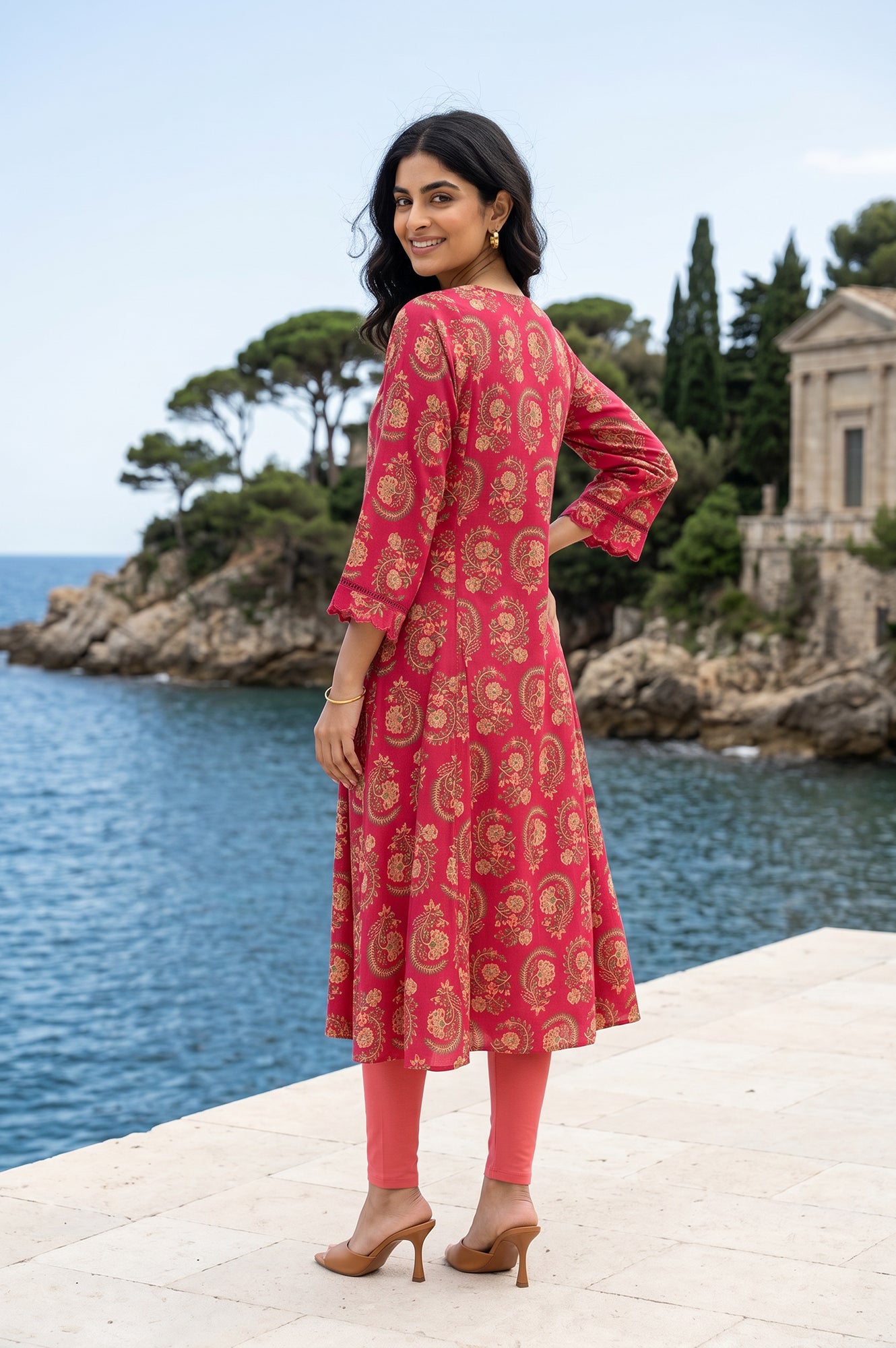 Pink Ethnic Motifs Rayon A-line Kurta