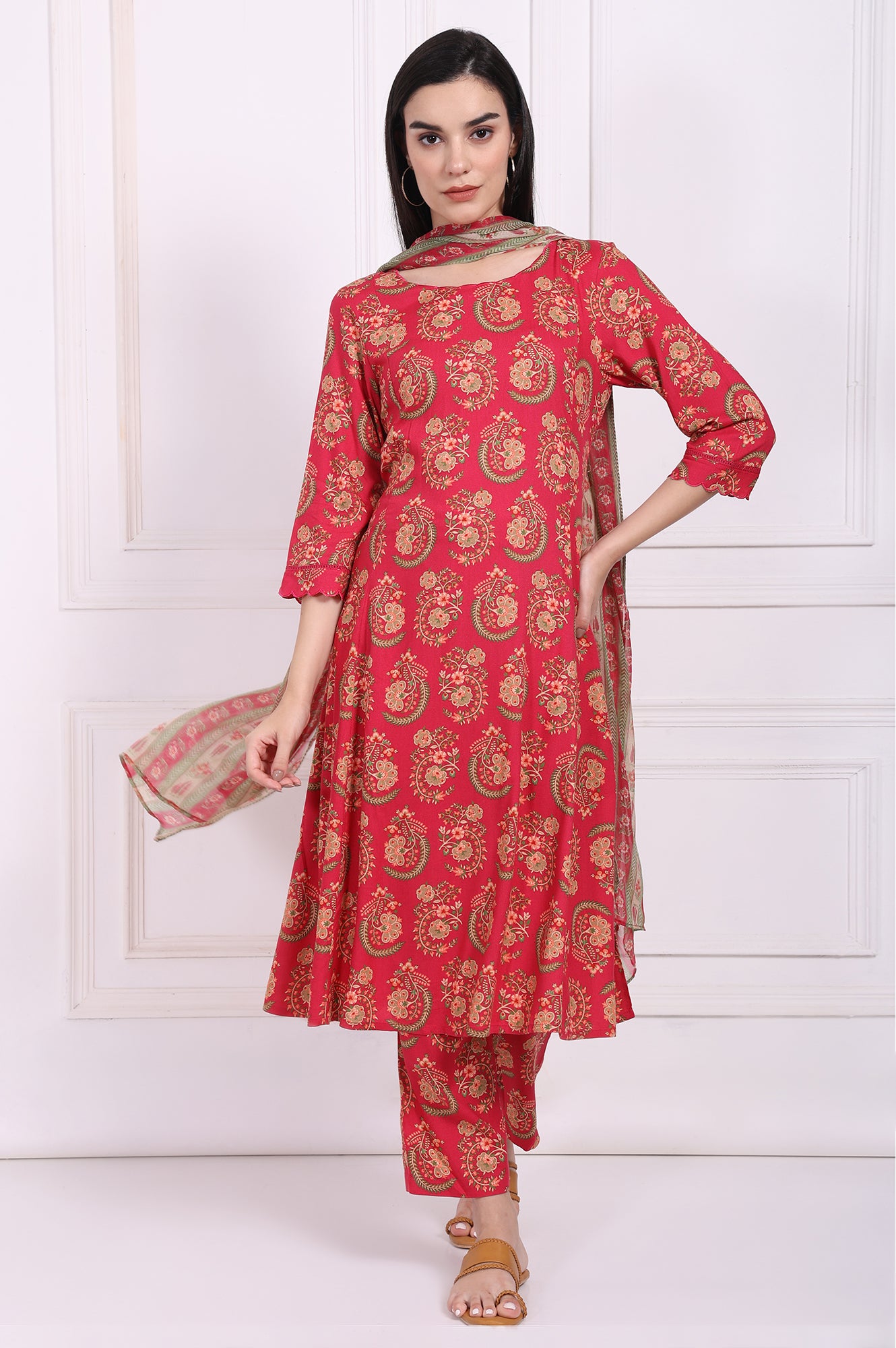 Red Ethnic Motifs Printed A-Line Rayon Kurta with Straight Pant and Dupatta Set