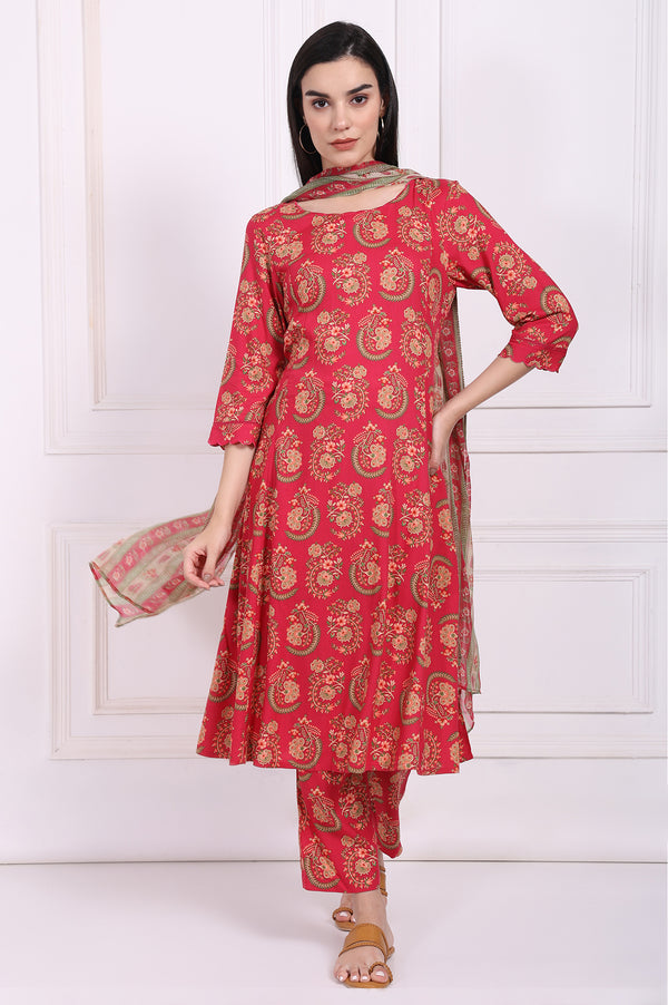Red Ethnic Motifs Printed A-Line Rayon Kurta with Straight Pant and Dupatta Set