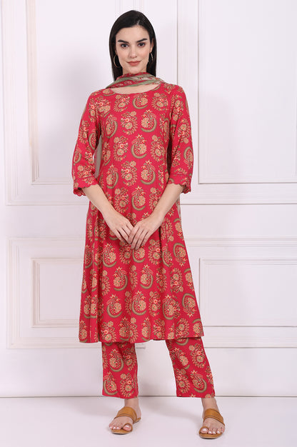 Red Ethnic Motifs Printed A-Line Rayon Kurta with Straight Pant and Dupatta Set