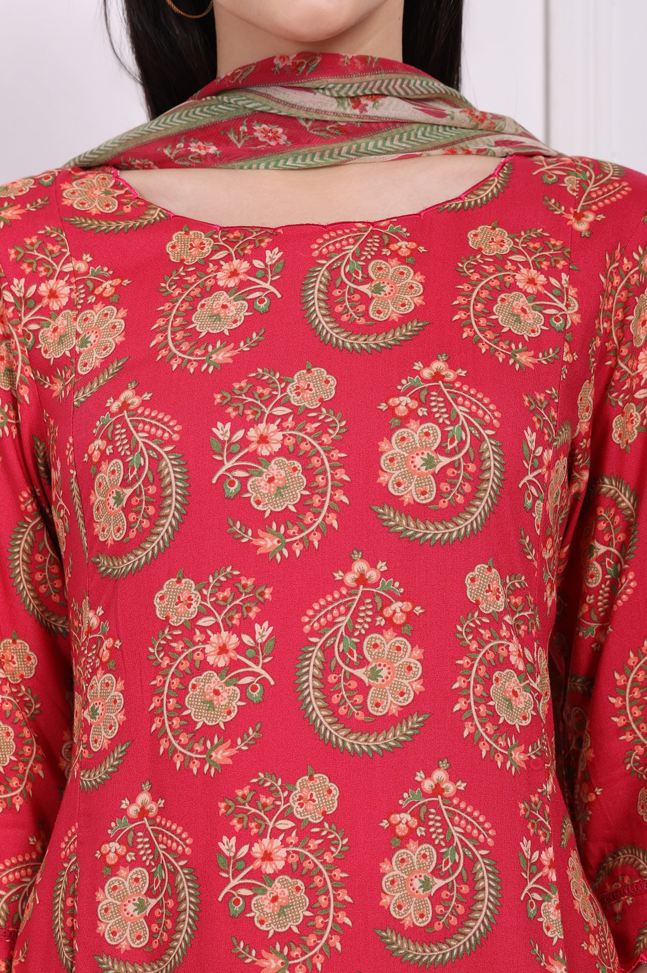 Red Ethnic Motifs Printed A-Line Rayon Kurta with Straight Pant and Dupatta Set