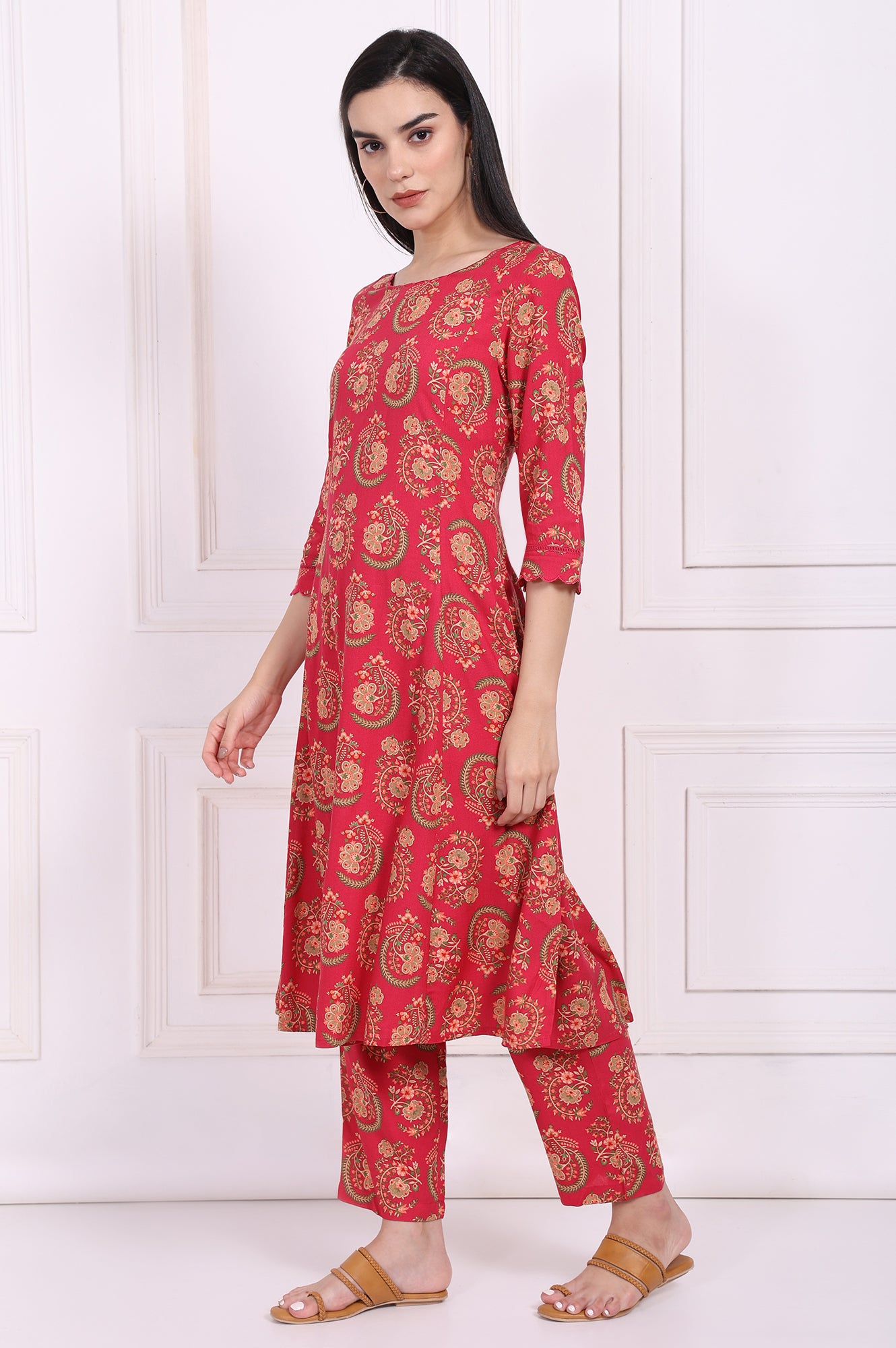 Red Ethnic Motifs Printed A-Line Rayon Kurta with Straight Pant and Dupatta Set