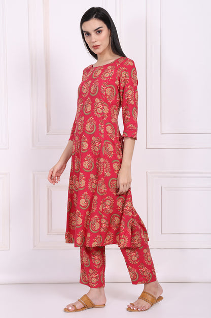 Red Ethnic Motifs Printed A-Line Rayon Kurta with Straight Pant and Dupatta Set