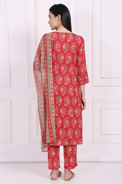 Red Ethnic Motifs Printed A-Line Rayon Kurta with Straight Pant and Dupatta Set