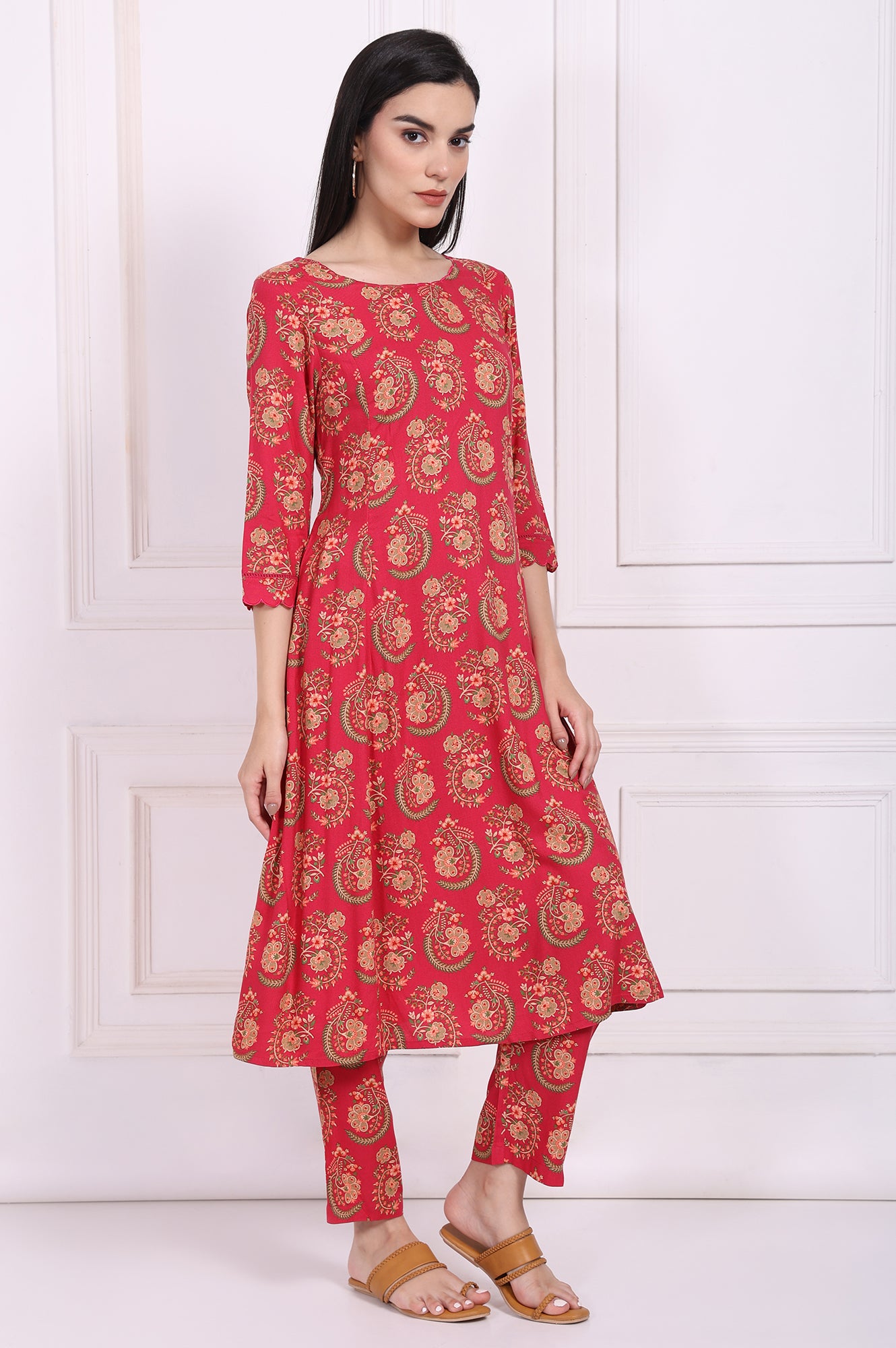 Red Ethnic Motifs Printed A-Line Rayon Kurta with Straight Pant and Dupatta Set