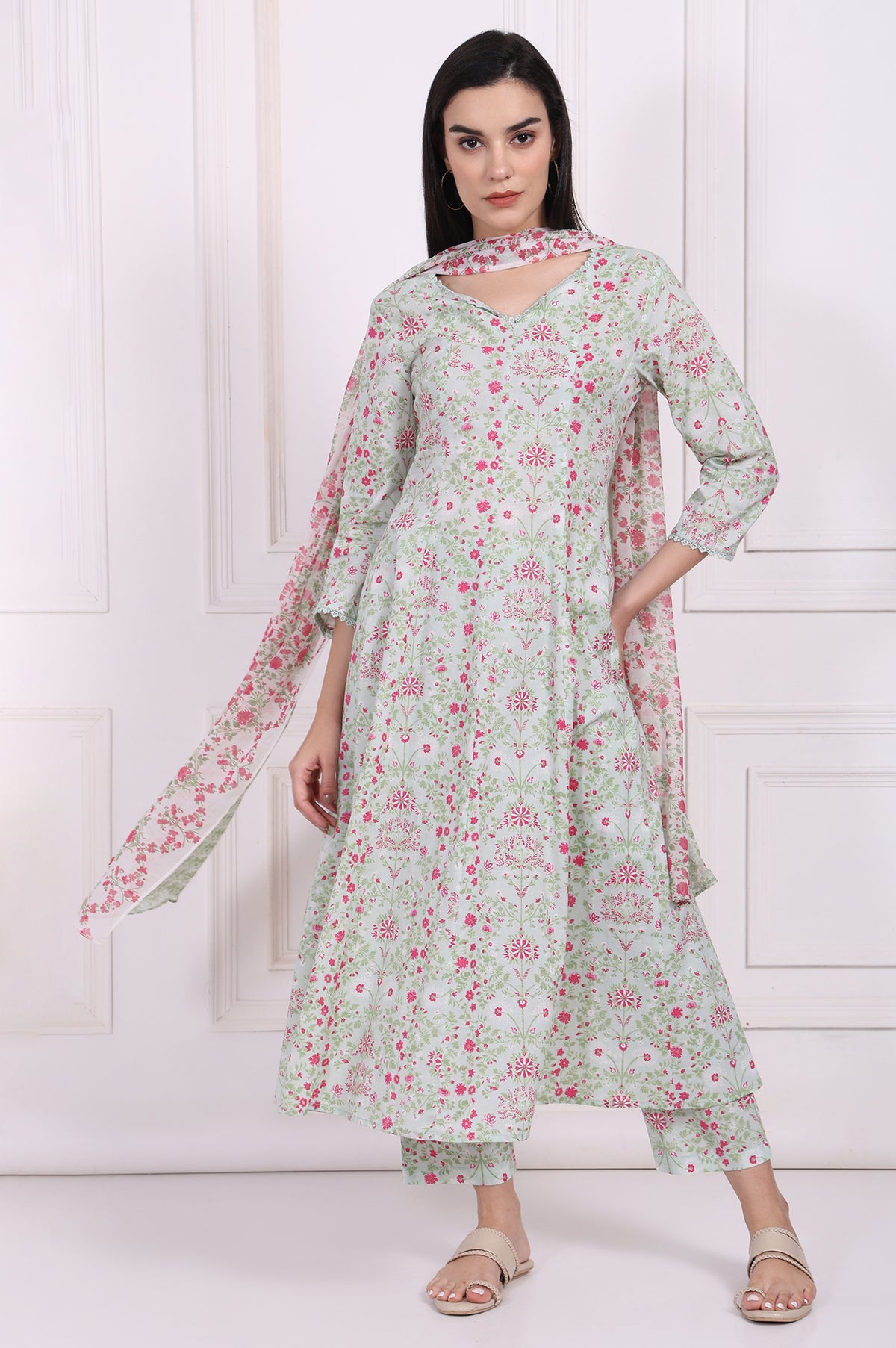 Light Green Floral Printed Lace Trim Anarkali Cotton Kurta with Straight Pant and Dupatta Set - XS