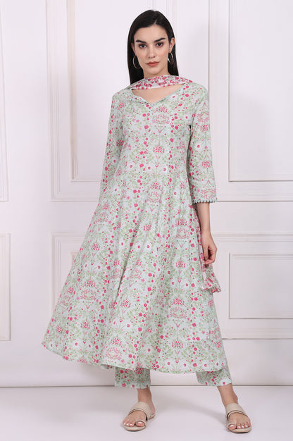 Light Green Floral Printed Lace Trim Anarkali Cotton Kurta with Straight Pant and Dupatta Set