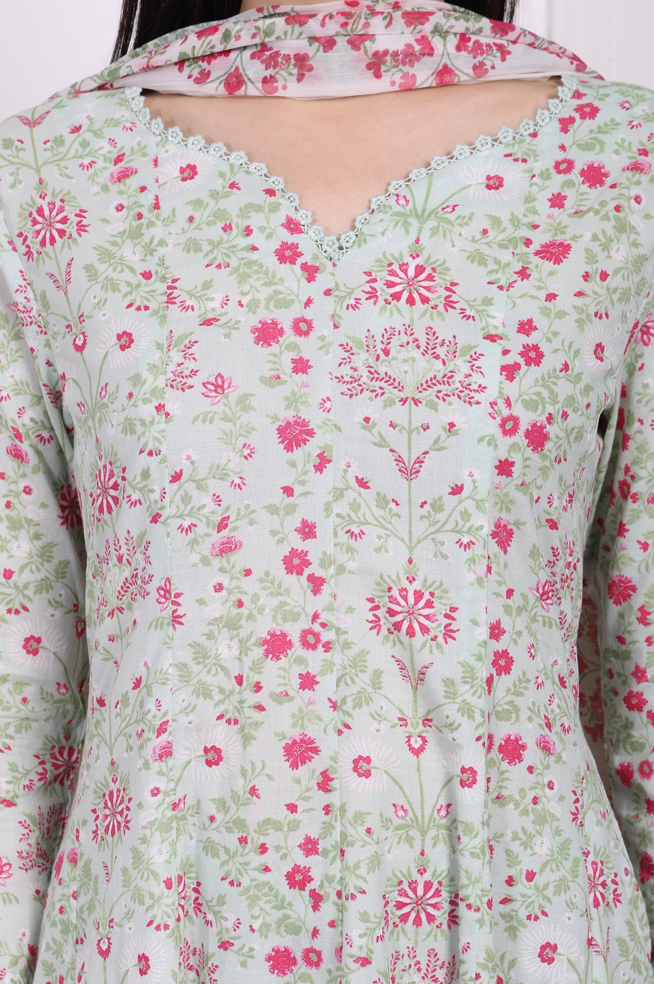 Light Green Floral Printed Lace Trim Anarkali Cotton Kurta with Straight Pant and Dupatta Set