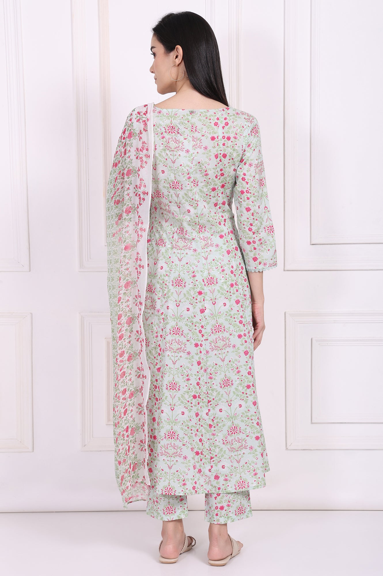 Light Green Floral Printed Lace Trim Anarkali Cotton Kurta with Straight Pant and Dupatta Set