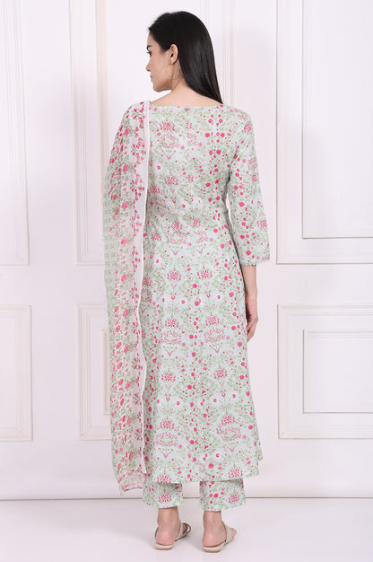 Light Green Floral Printed Lace Trim Anarkali Cotton Kurta with Straight Pant and Dupatta Set