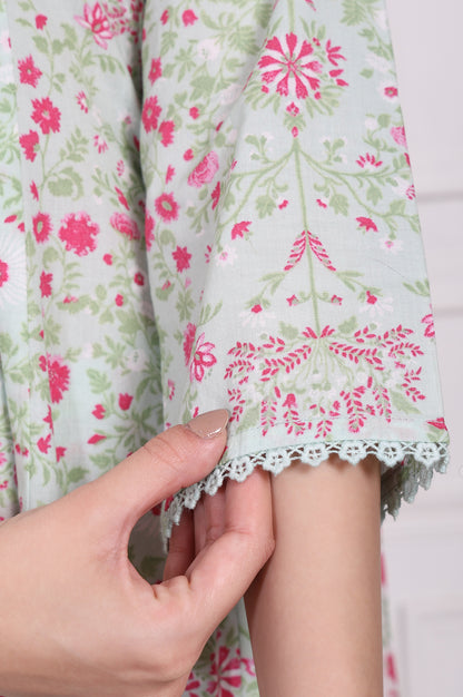 Light Green Floral Printed Lace Trim Anarkali Cotton Kurta with Straight Pant and Dupatta Set