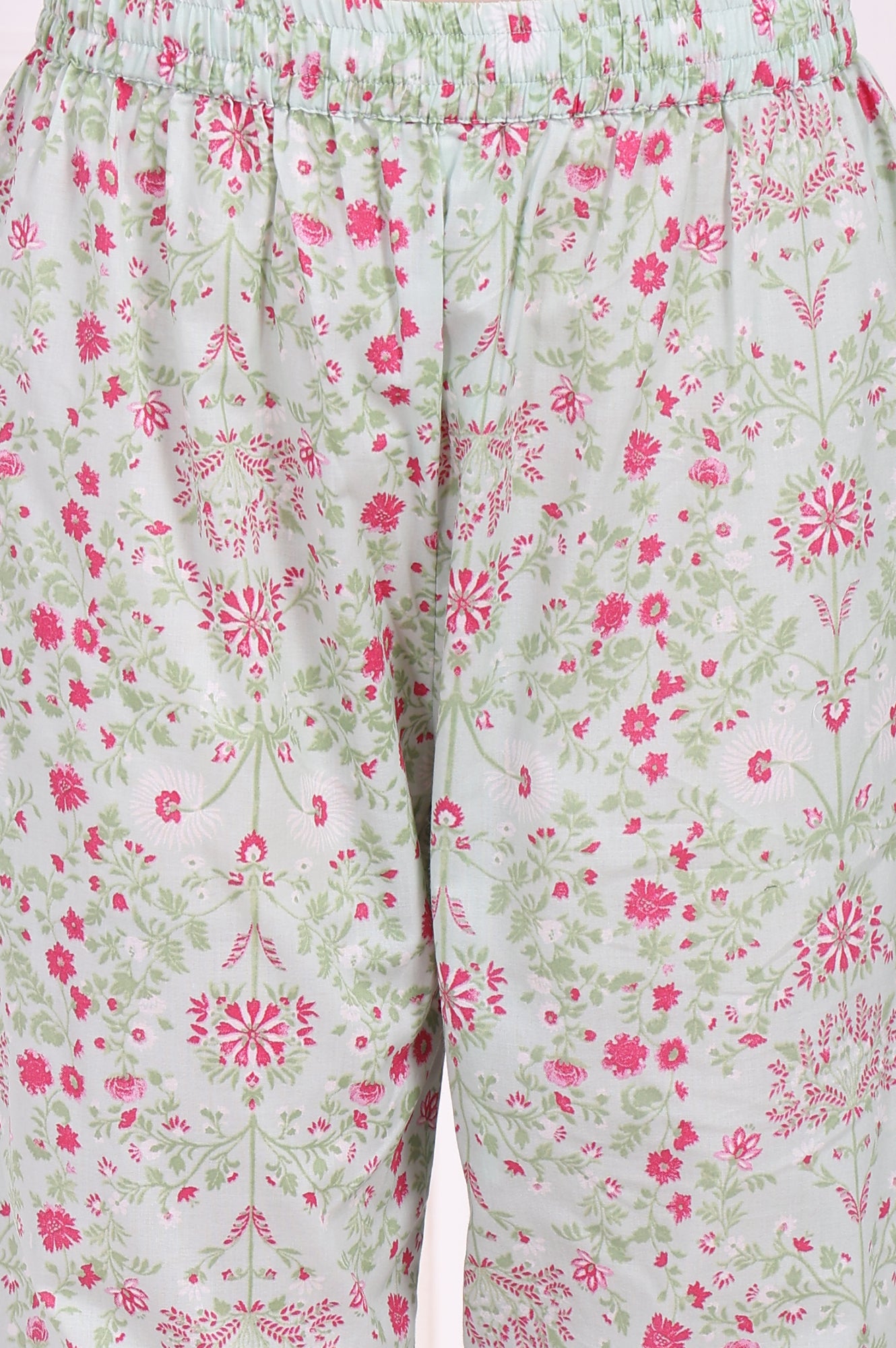 Light Green Floral Printed Lace Trim Anarkali Cotton Kurta with Straight Pant and Dupatta Set