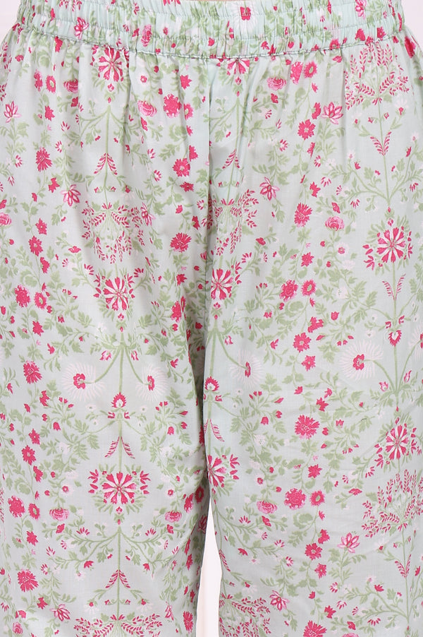 Light Green Floral Printed Lace Trim Anarkali Cotton Kurta with Straight Pant and Dupatta Set