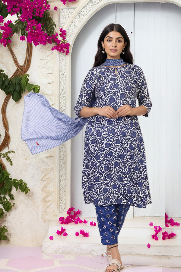 Blue Floral Printed Straight Kurta with Straight Pant and Dupatta Set