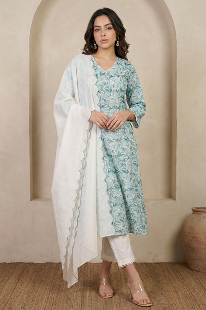 White and Green Floral Printed Kota Straight Kurta with Straight Pants and Dupatta Set