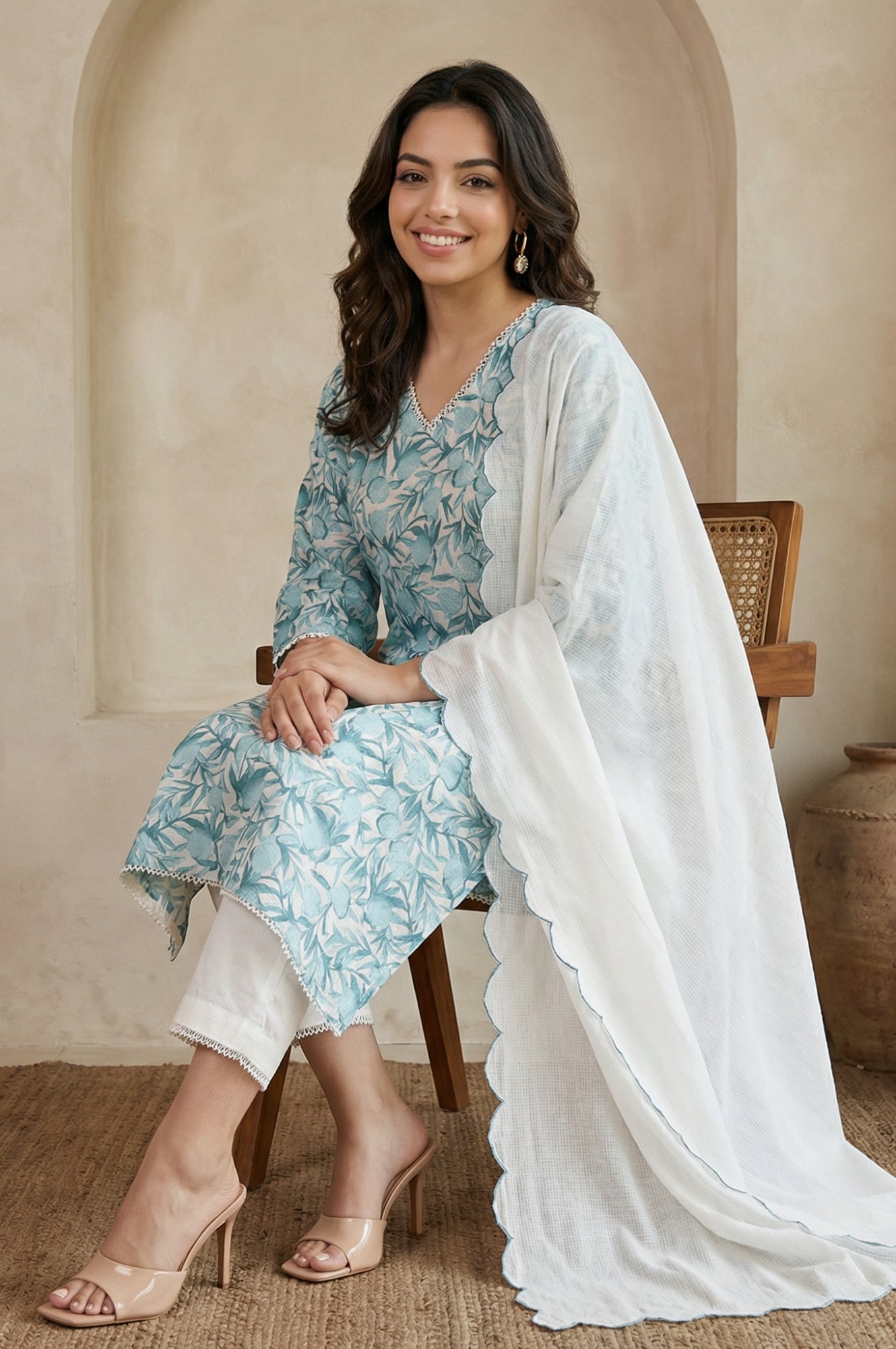 White and Green Floral Printed Kota Straight Kurta with Straight Pants and Dupatta Set