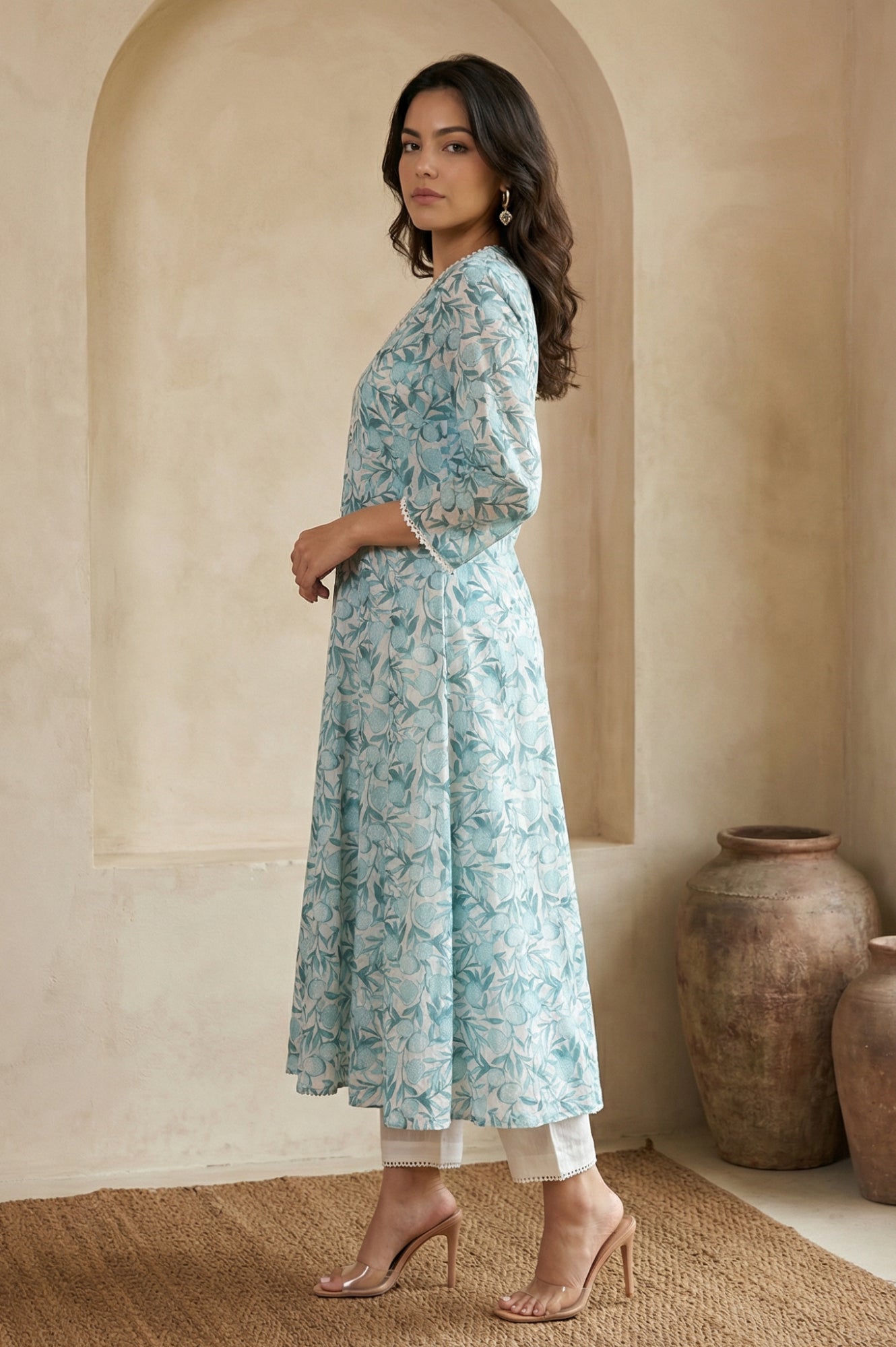 White and Green Floral Printed Kota Straight Kurta with Straight Pants and Dupatta Set