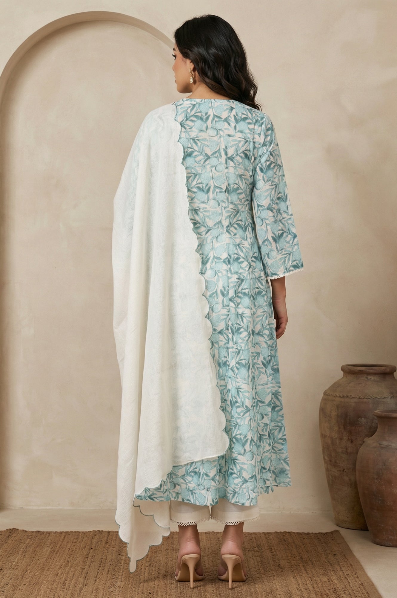 White and Green Floral Printed Kota Straight Kurta with Straight Pants and Dupatta Set