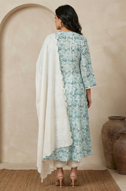 White and Green Floral Printed Kota Straight Kurta with Straight Pants and Dupatta Set