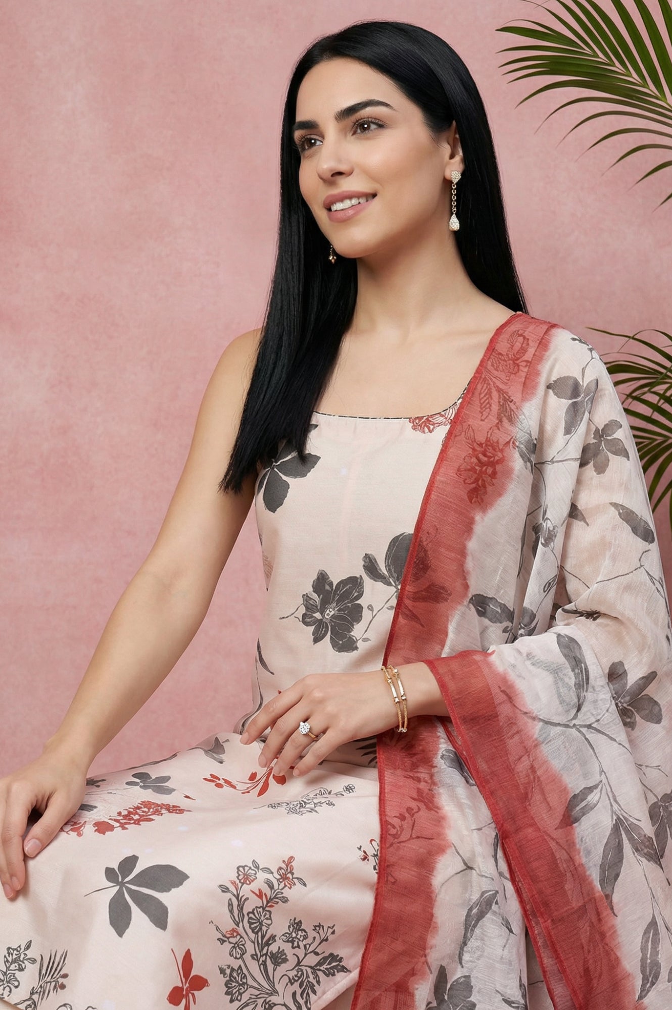 Cream Embroidered Floral Printed Chanderi A-line Kurta with Straight Pants and Dupatta Set