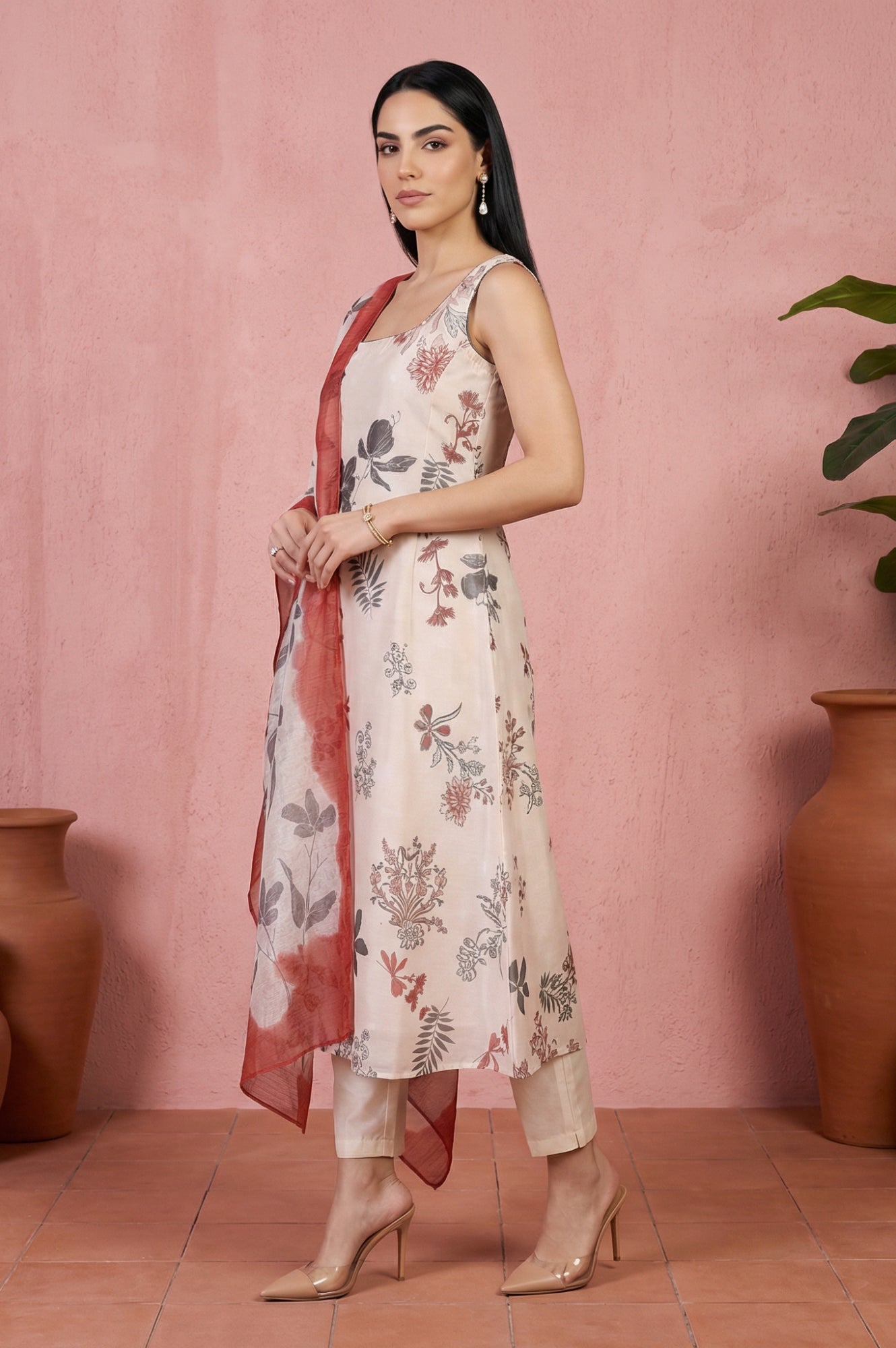 Cream Embroidered Floral Printed Chanderi A-line Kurta with Straight Pants and Dupatta Set