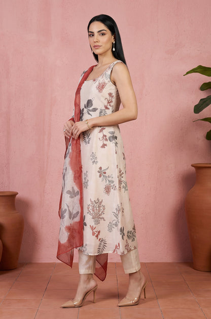 Cream Embroidered Floral Printed Chanderi A-line Kurta with Straight Pants and Dupatta Set