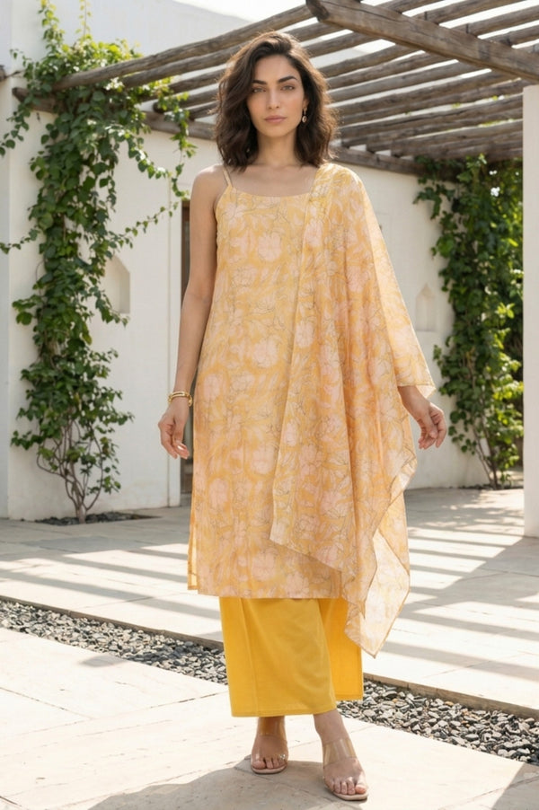 Yellow Floral Printed Chanderi Sleeveless Straight Kurta with Palazzo and Dupatta Set