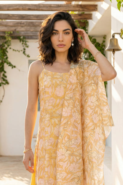 Yellow Floral Printed Chanderi Sleeveless Straight Kurta with Palazzo and Dupatta Set
