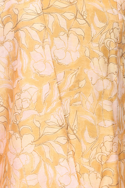 Yellow Floral Printed Chanderi Sleeveless Straight Kurta with Palazzo and Dupatta Set