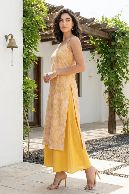 Yellow Floral Printed Chanderi Sleeveless Straight Kurta with Palazzo and Dupatta Set