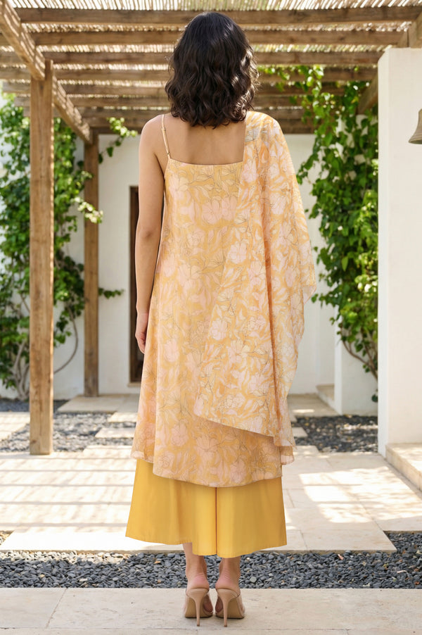 Yellow Floral Printed Chanderi Sleeveless Straight Kurta with Palazzo and Dupatta Set